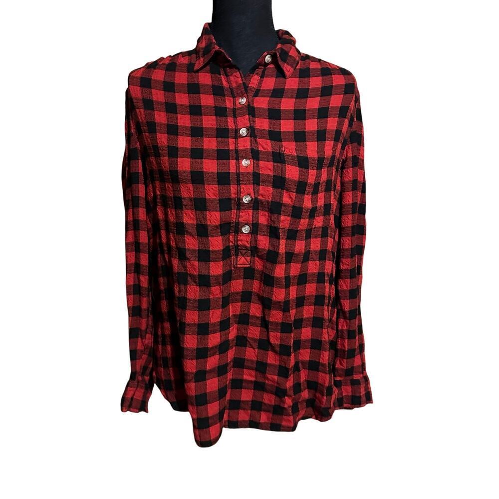 BeachLunchLounge Flannel Plaid Half Button Top Women's M Medium